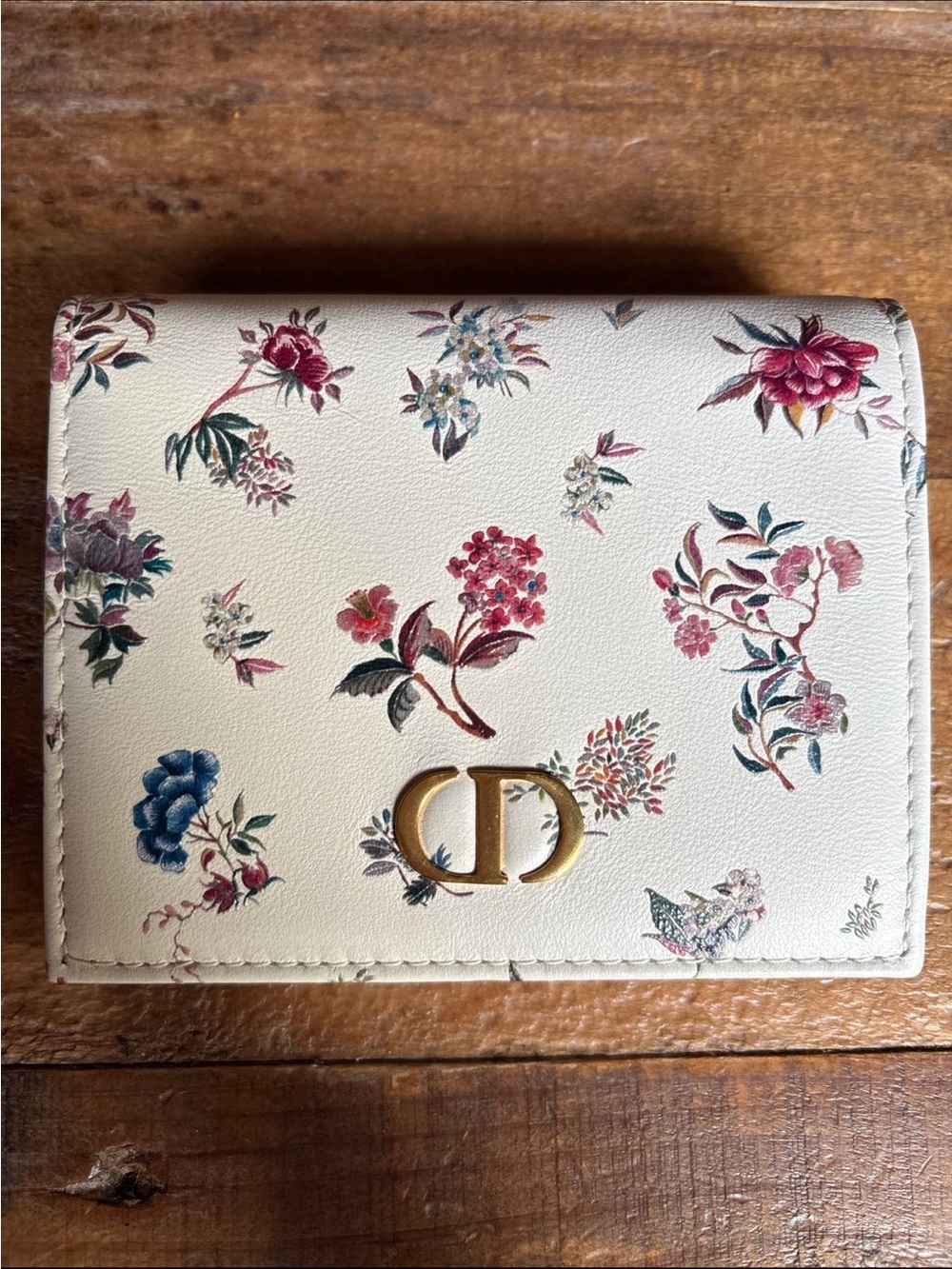 Dior Cream Floral Compact Wallet with Gold CD Emblem